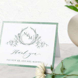 Elegant Green Monogram, Watercolor Wedding Thank You Card