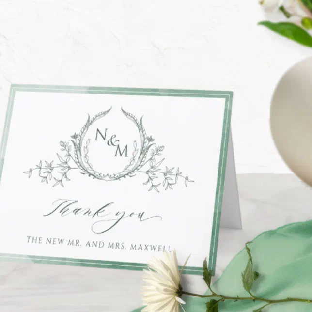 Elegant Green Monogram, Watercolor Wedding Thank You Card | Zazzle