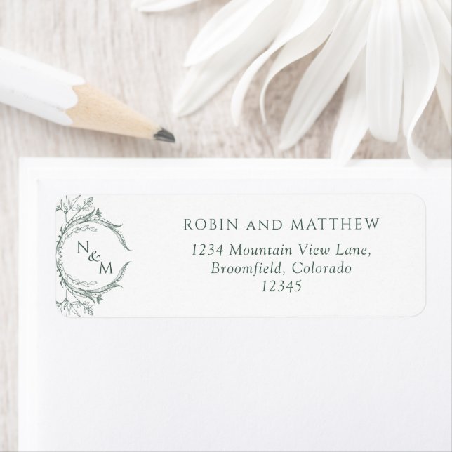 Elegant Green Monogram Wedding Return Address Label (Insitu)