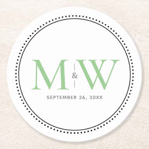Elegant Green Monogram Wedding Round Paper Coaster