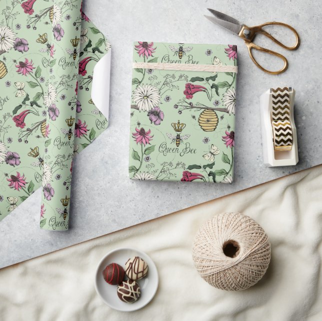 Elegant Green Mothers Day Queen Bee and Flowers Wrapping Paper (Crafts)