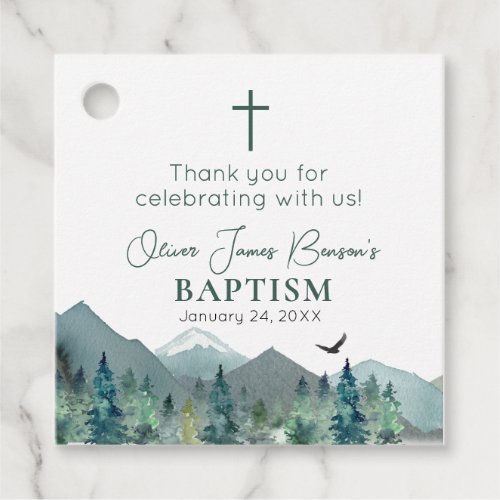 Elegant Green Mountain Boy Baptism Communion Favor Tags