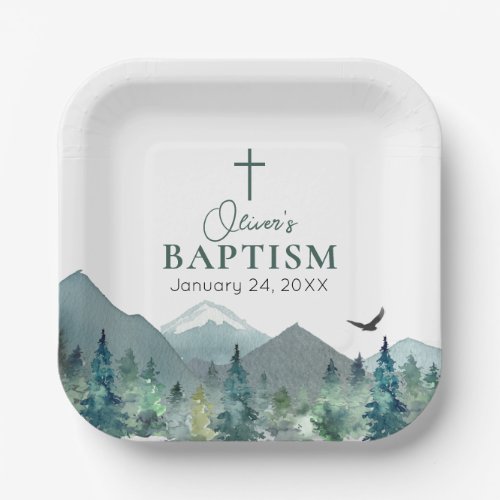 Elegant Green Mountain Boy Baptism Communion Paper Plates