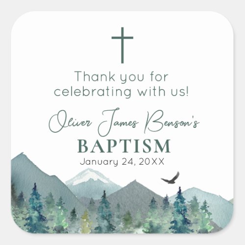 Elegant Green Mountain Boy Baptism Communion Square Sticker