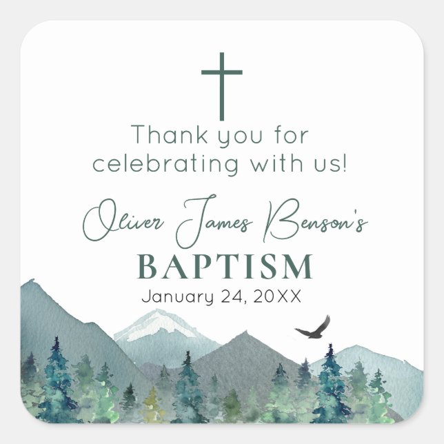 Elegant Green Mountain Boy Baptism Communion Square Sticker (Front)