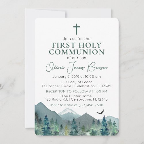 Elegant Green Mountain Boy First Holy Communion Invitation