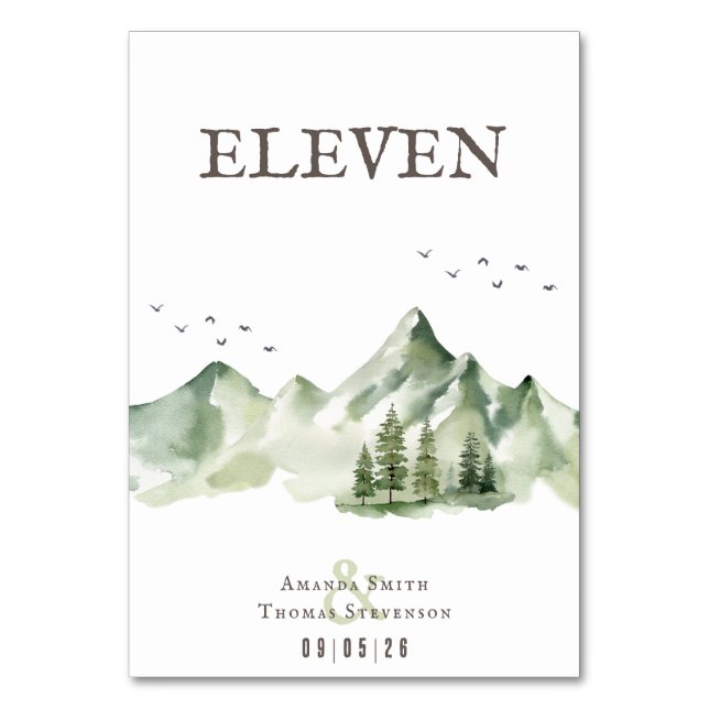 Elegant green mountain landscape table number card (Front)
