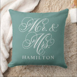 Elegant Green Mr and Mrs Script Custom Monogram Throw Pillow<br><div class="desc">Elegant square accent pillow for happy couples and newlyweds features a white script Mr. and Mrs. design with custom monogram text that can be personalized with the married last name. The juniper teal green background color can be customized to coordinate with your home or bedroom decor colors.</div>