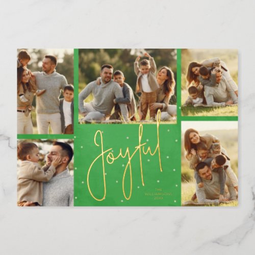 Elegant Green Multi Photo Joyful Gold Foil Holiday Card