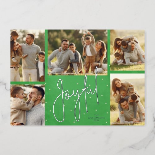 Elegant Green Multi Photo Joyful Silver Foil Holiday Card