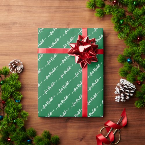 Elegant Green Name Tag Cursive Script Christmas Wrapping Paper