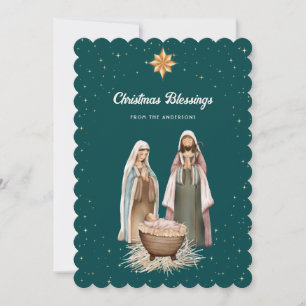Elegant Green Nativity Scene Stars Christian Holiday Card