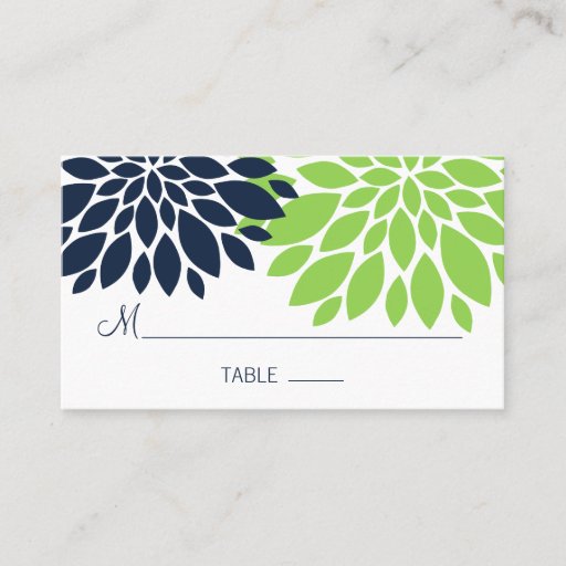 Customizable Elegant Green Navy Blue Floral Burst Place Cards Business Card