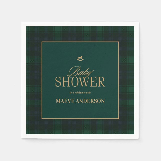 Elegant Green navy gold Plaid tartan Baby shower Napkins (Front)
