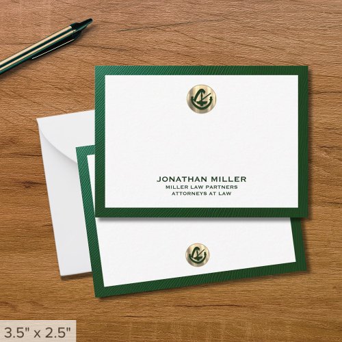 Elegant Green Notecard with Gold Logo Law Firm