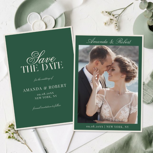 Elegant Green Old Money Photo Wedding Save The Date (Creator Uploaded)