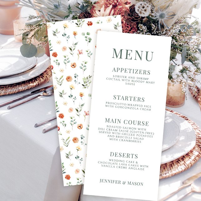 Elegant green orange floral wedding menu cards (Creator Uploaded)