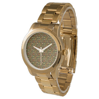 Elegant Green & Orange Leaf Pattern Bracelet Watch