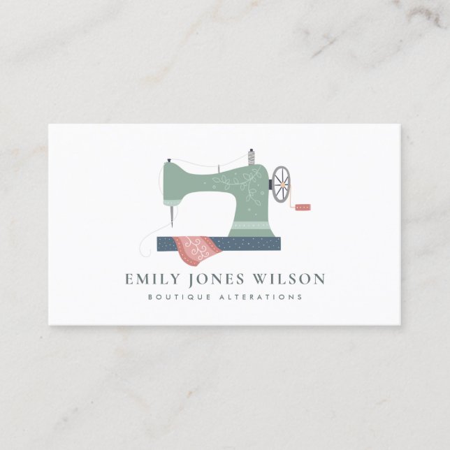 ELEGANT GREEN ORANGE PINK SEWING MACHINE TAILOR BUSINESS CARD (Front)
