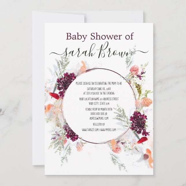 ELEGANT GREEN, ORANGE, RED & WINE  BABY SHOWER INVITATION (Front)