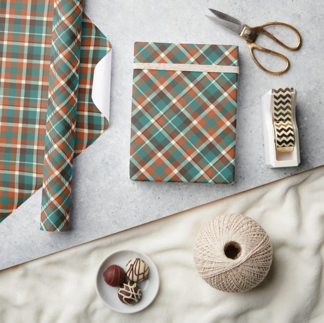 Elegant Green Orange Vintage Plaid Wrapping Paper (Crafts)