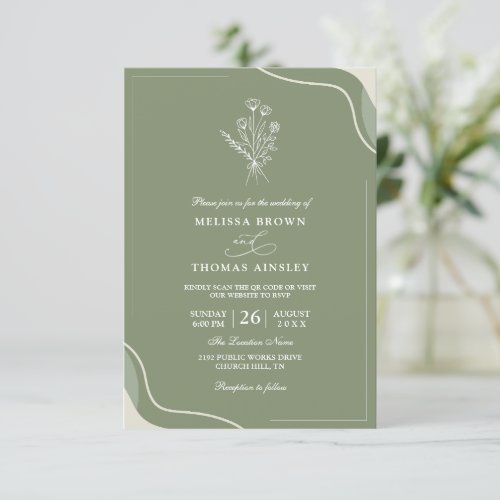 Elegant Green Organic Budget QR Code Wedding Invitation