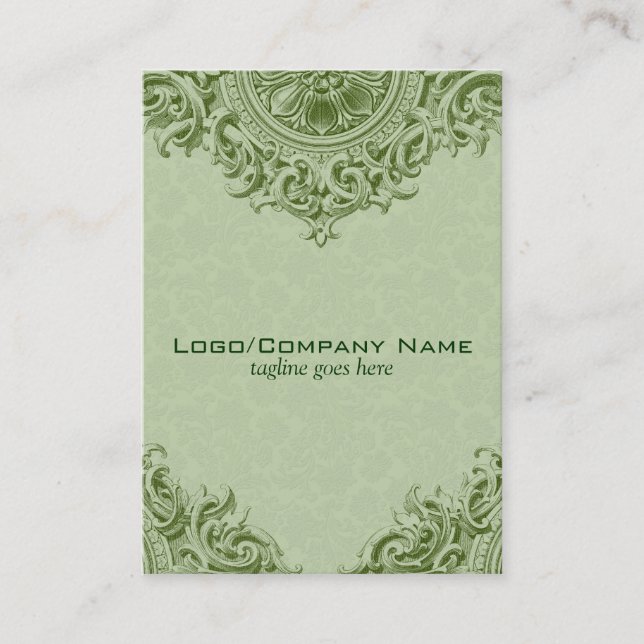 Elegant Green Ornament & Pastel Green Damasks Business Card (Front)