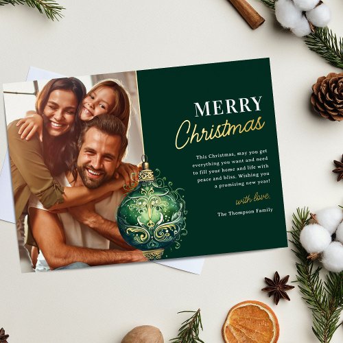 Elegant Green Ornament Photo Christmas Foil Holiday Card