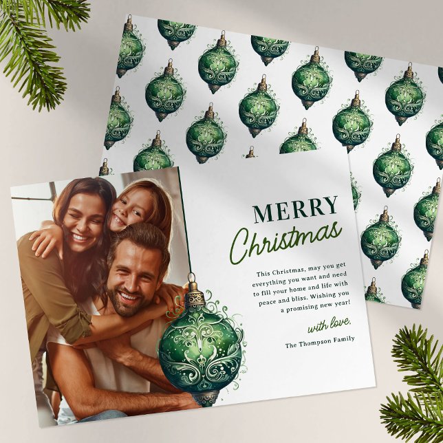 Elegant Green Ornament Photo Christmas Holiday Card (Creator Uploaded)