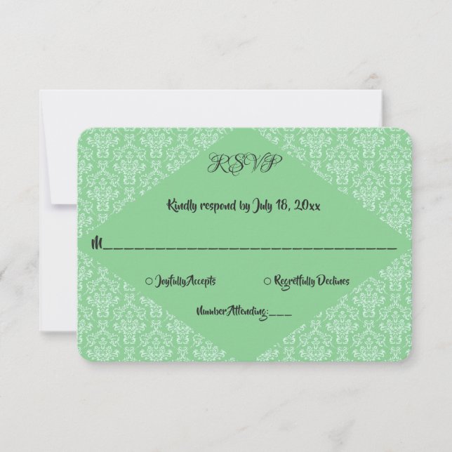 Elegant Green Ornate Damask Classic Formal Wedding RSVP Card (Front)