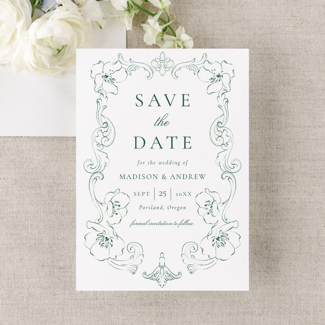 Elegant Green Ornate Floral Frame Wedding Save The Date (Creator Uploaded)