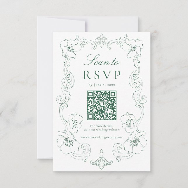 Elegant Green Ornate Floral QR Code Wedding RSVP Card (Front)