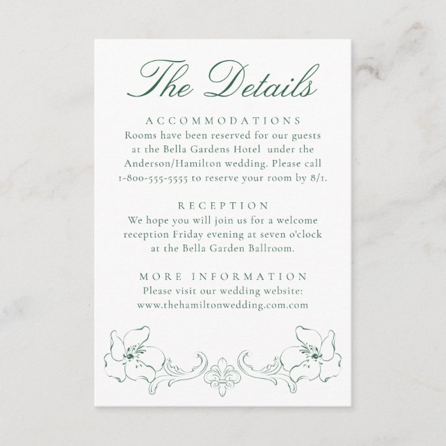 Elegant Green Ornate Floral Wedding Details Enclosure Card (Front)