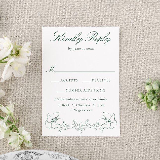 Elegant Green Ornate Floral Wedding RSVP Card (Creator Uploaded)