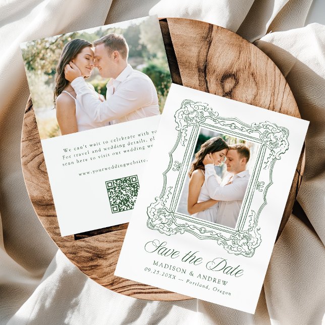 Elegant Green Ornate Frame 2 Photo QR Code Wedding Save The Date (Creator Uploaded)