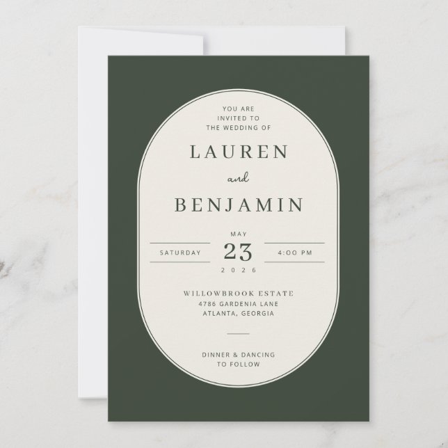 Elegant Green Oval Wedding Invitation (Front)