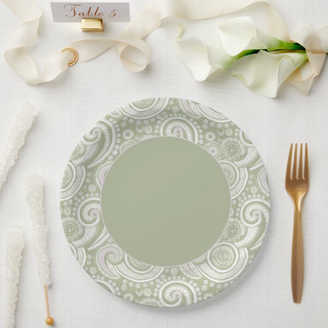 Elegant Green Paisley Border Paper Plates (Wedding)