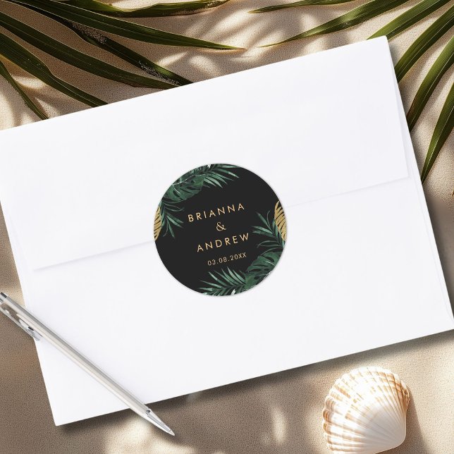 Elegant, Green Palm, Gold (Imitation) Border Classic Round Sticker (Custom, Elegant, Green Palm, Gold (Imitation) Border Classic Round Sticker with your Name & Date.)