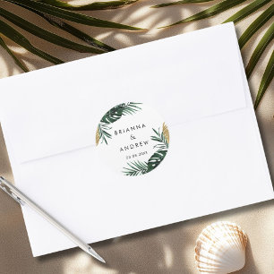 Elegant, Green Palm, Gold (Imitation) Border Classic Round Sticker
