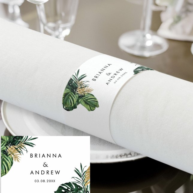 Elegant, Green Palm, Gold (Imitation)  Napkin Bands (Custom, Elegant, Green Palm, Gold (Imitation) White Napkin Bands)
