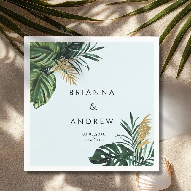 Elegant, Green Palm, Gold (Imitation)  Napkins (Custom, Elegant, Green Palm, Gold (Imitation) Light-Blue Napkins with your Name & Date.)