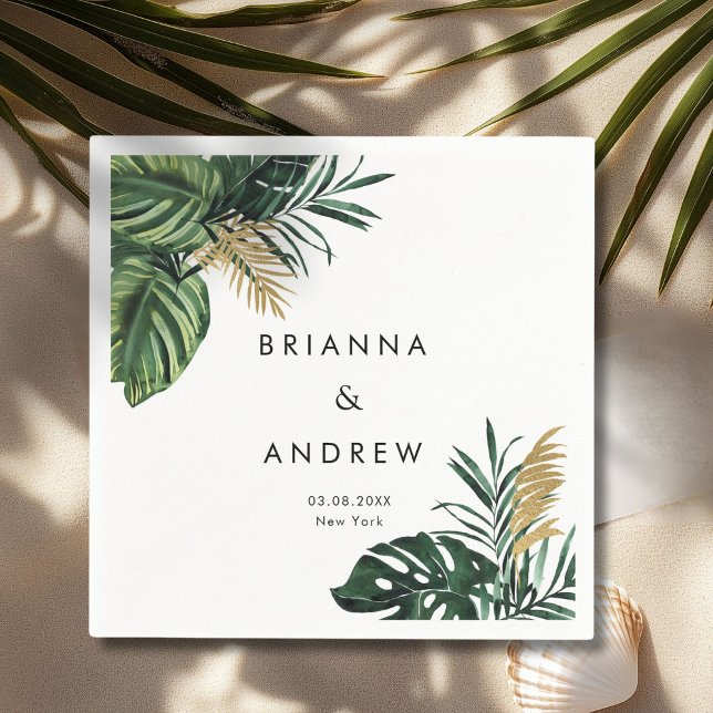 Elegant, Green Palm, Gold (Imitation)  Napkins (Custom, Elegant, Green Palm, Gold (Imitation) White Napkins with your Name & Date.)