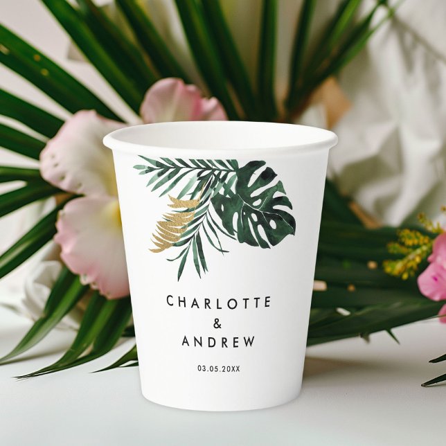 Elegant, Green Palm, Gold (Imitation) Paper Cups (Tropical elegant wedding paper cups with your names and date.)