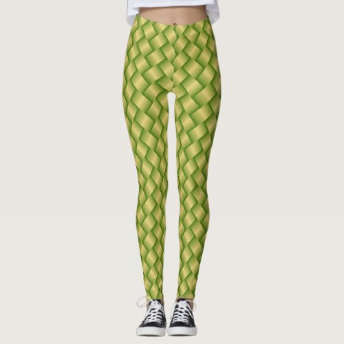 Elegant Green Palm Leaves Weave Basket Pattern  Leggings