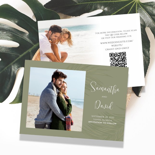 Elegant Green Palm Leaves Wedding  Save The Date (Beautiful green Palm Leaves Save the Date photo card with QR code. )