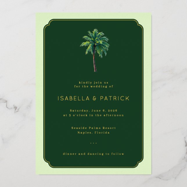 Elegant Green Palm Tree Foil Invitation (Front)
