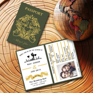 Elegant Green Passport Style Wedding Invitation