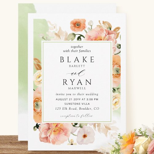 Elegant Green Peach and Blush Botanical Wedding Invitation