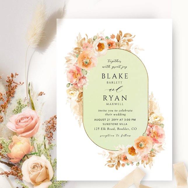 Elegant Green, Peach Blush and Cream Oval Wedding Invitation (Creator Uploaded)