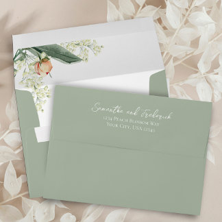 Elegant Green Peach Floral Custom Wedding Envelope